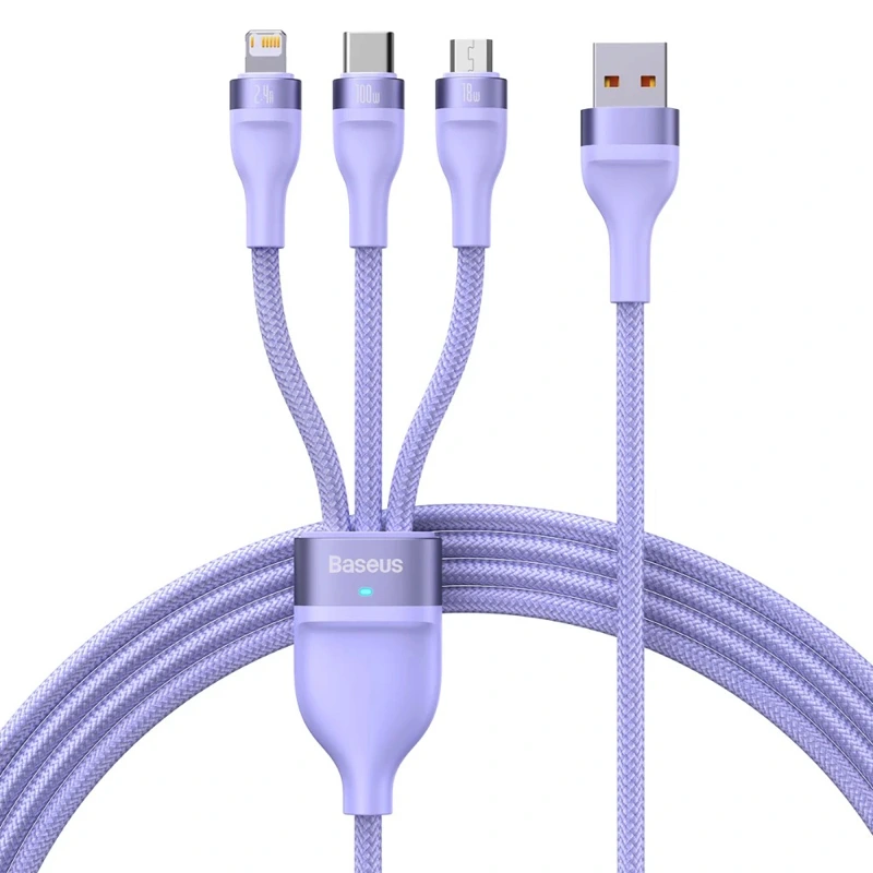 Кабель Baseus Flash Series Ⅱ One-for-three Fast Charging Data Cable USB to M+L+C 100W 1.2m Purple — Baseus