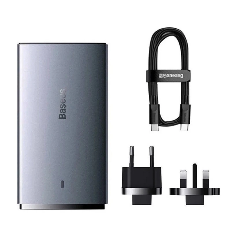 Мережевий зарядний пристрій з  кабелем Baseus GaN5 Pro Ultra-Slim Fast Charger C+U 65W Gray((With Mini White Cable C to C 100W(20V/5A) 1m Black) — Baseus