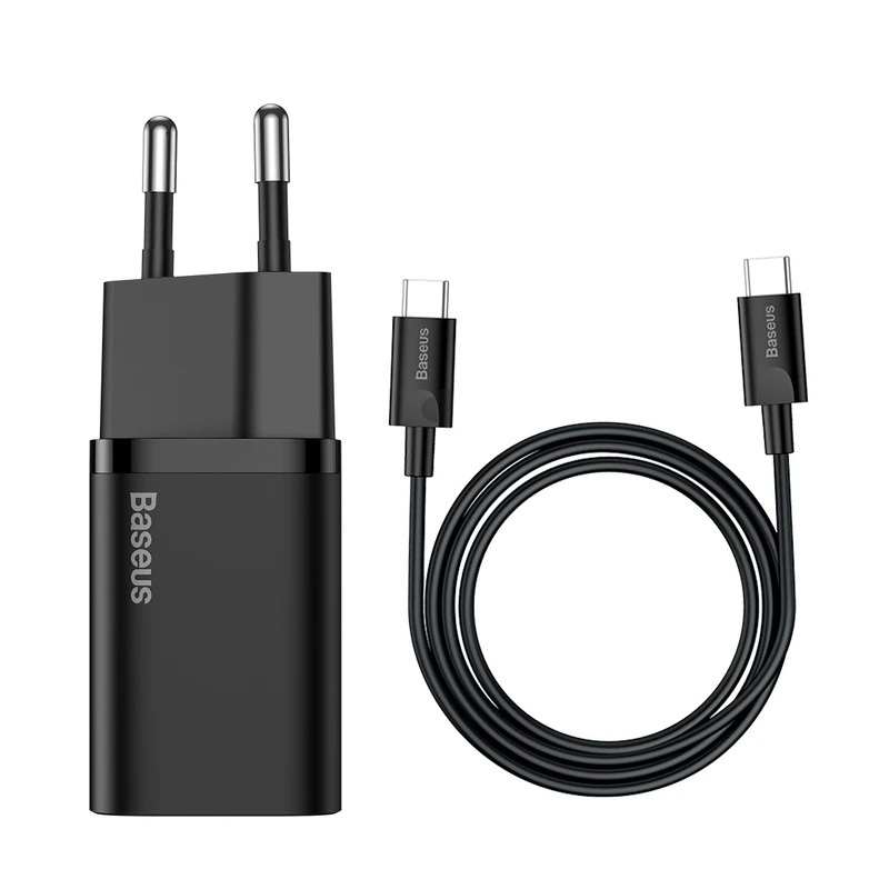 Мережевий зарядний пристрій з кабелем Baseus Super Si Quick Charger 1C 25W EU Sets Black（With Mini White Cable C to C 3A 1m Black）