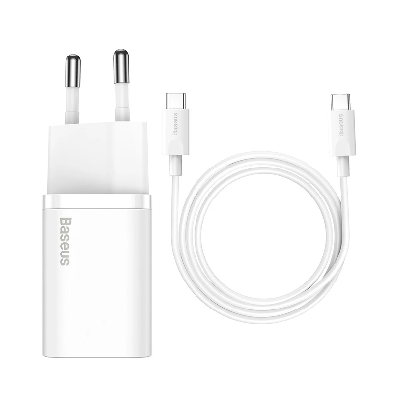 Мережевий зарядний пристрій з кабелем Baseus Super Si Quick Charger 1C 25W EU Sets White（ Mini White Cable Type-C to Type-C 3A 1m White）