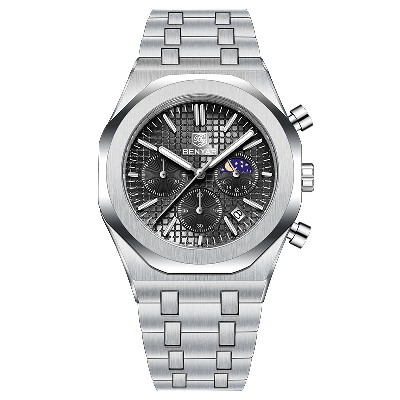 Чоловічий годинник Benyar BY-5228M Silver-Black з хронографом та фазами Місяця