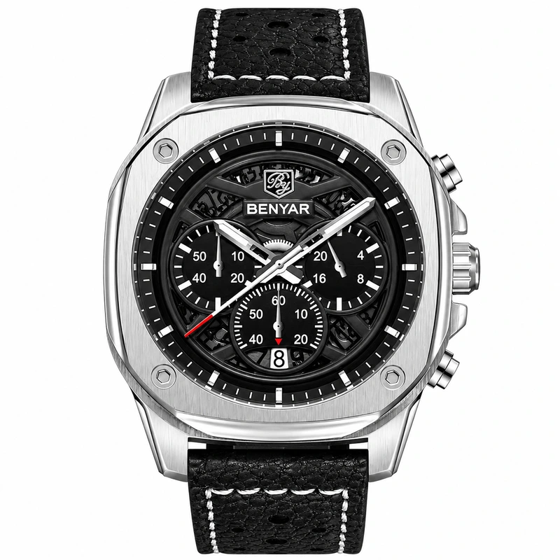 Чоловічий наручний годинник Benyar BY-5222 Black-Silver у класичному стилі зі сріблястим корпусом
