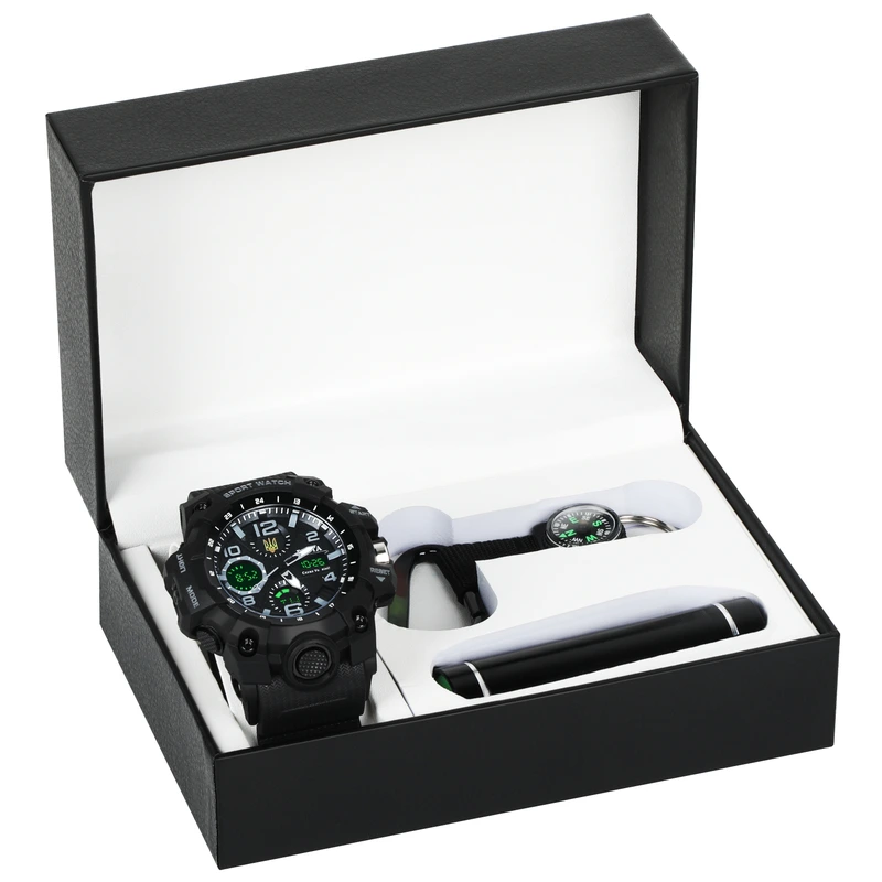 Чоловічий водостійкий спортивний тактичний годинник Besta Box Peremoga Light подарунковий набір, з компасом