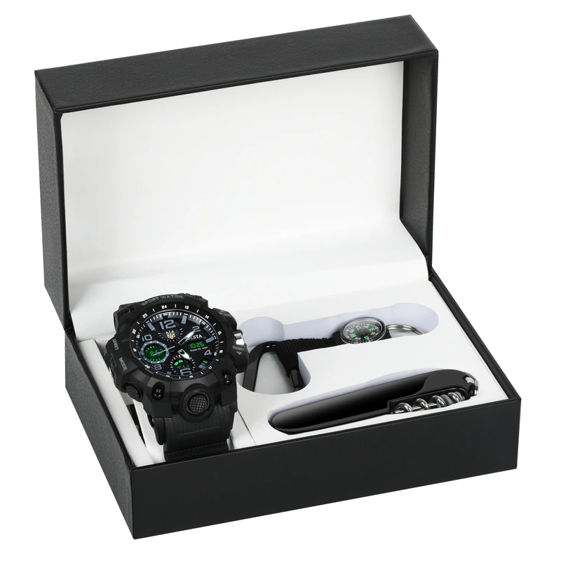 Чоловічий водостійкий спортивний тактичний годинник Besta Box Peremoga Set подарунковий набір, з компасом