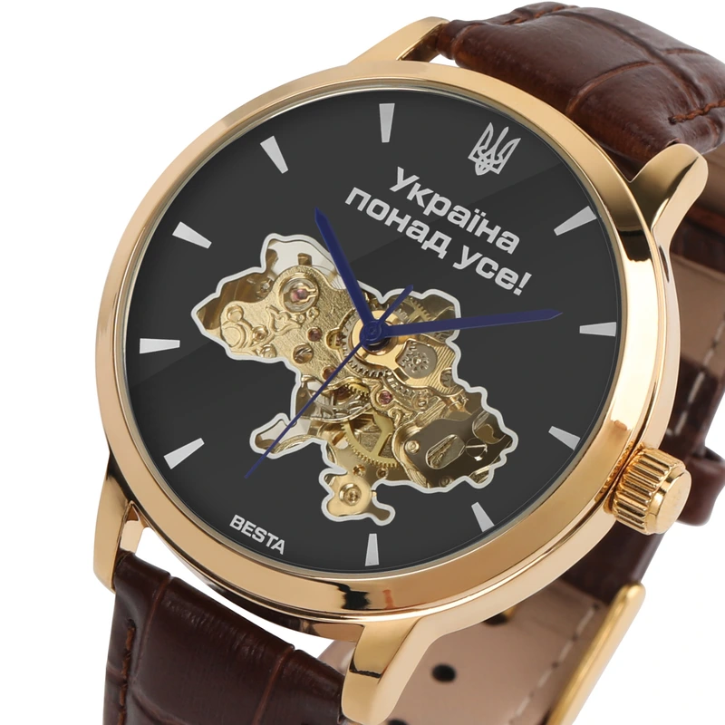 Чоловічий механічний годинник Besta Skeleton Gold Black Dial