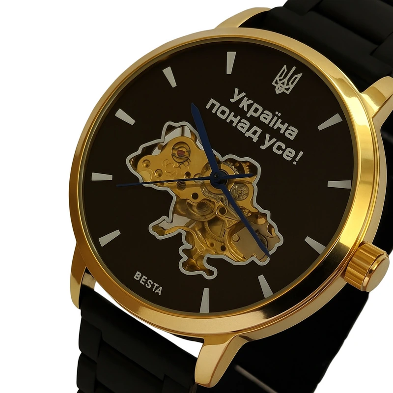 Чоловічий механічний годинник Besta Skeleton Gold Black Metal, 2 ремінці
