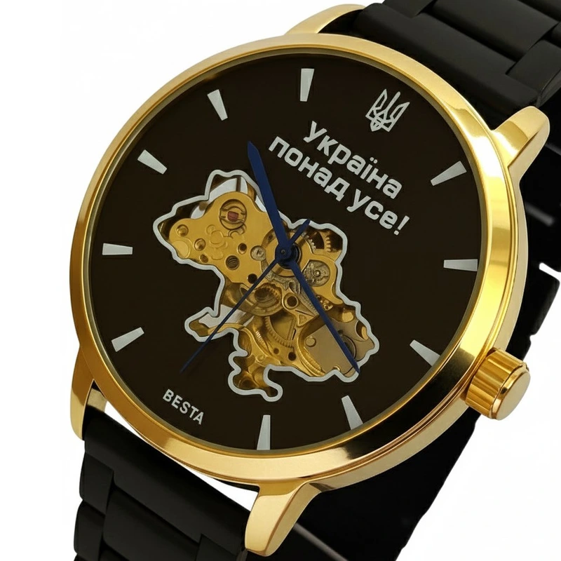 Чоловічий механічний годинник Besta Skeleton Gold Black Metal, 2 ремінці — Besta