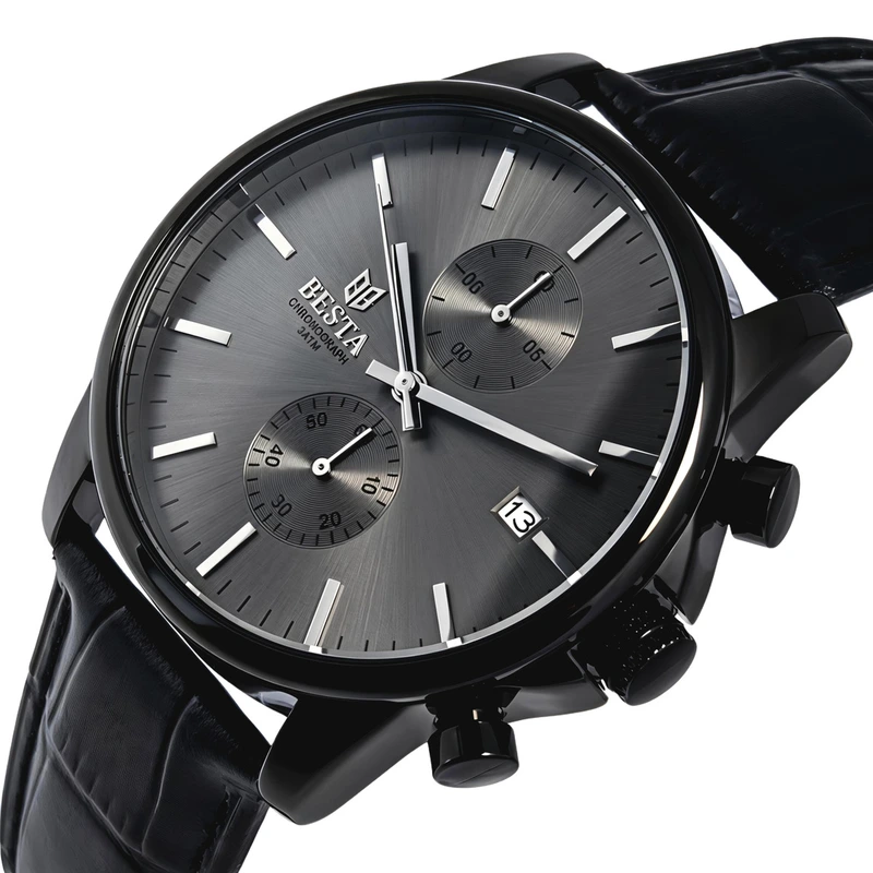 Чоловічий годинник Besta Mars Premium Leather Black, 2 ремінці