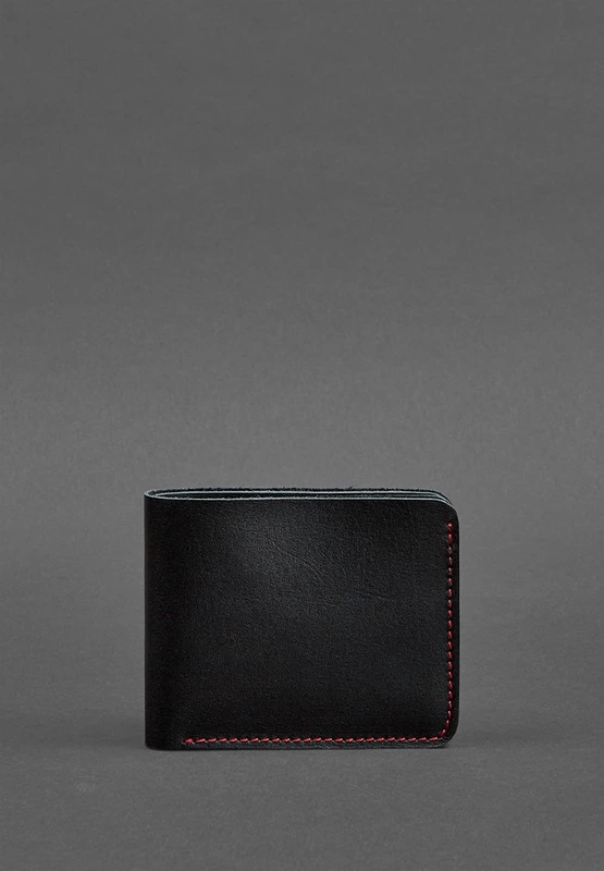 Шкіряне портмоне 4.1 (4 кишені) чорне з червоною ниткою