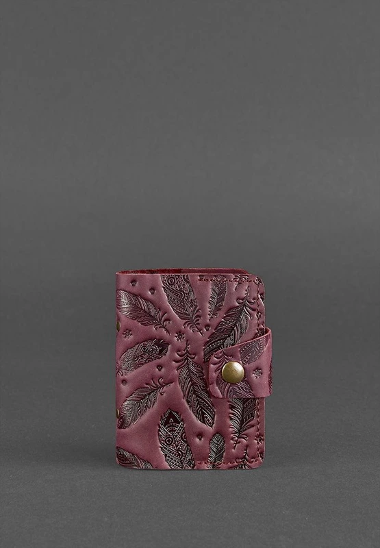 Жіночий шкіряний кард-кейс 7.1 (Книжечка) бордовий з пір'ям