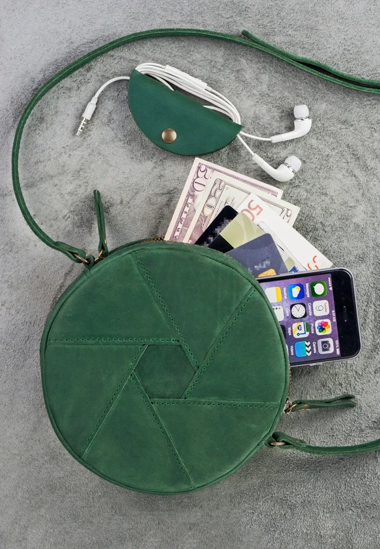 Шкіряна кругла жіноча сумка Бон-Бон зелена Crazy Horse — BlankNote