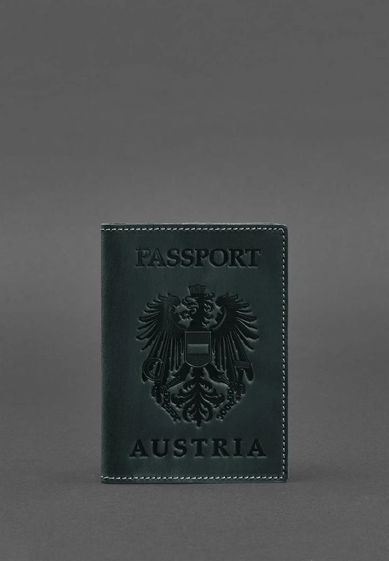 Шкіряна обкладинка для паспорта з австрійським гербом зелена Crazy Horse