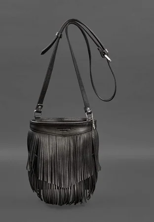 Шкіряна жіноча сумка з бахромою міні-кроссбоді Fleco чорна (BN-BAG-16-g)