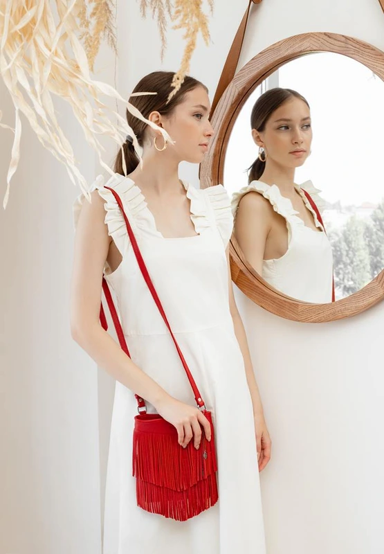 Шкіряна жіноча сумка з бахромою міні-кроссбоді Fleco червона