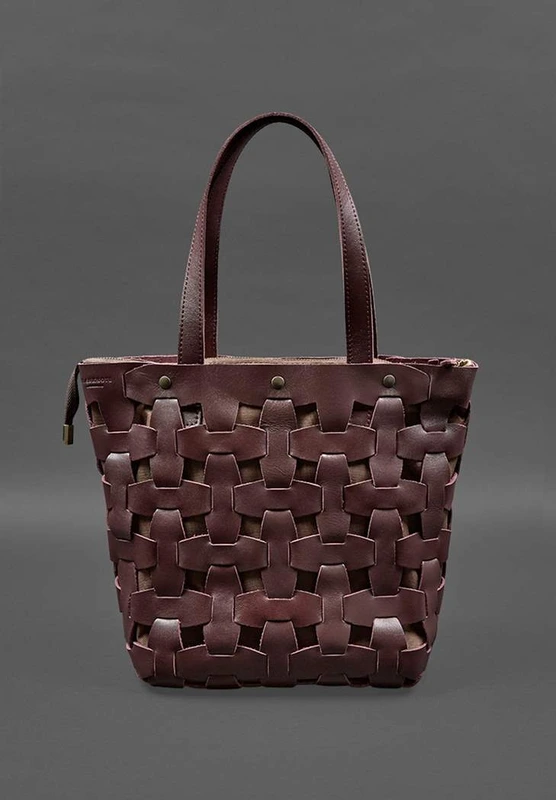 Шкіряна плетена жіноча сумка Пазл L бордова краст