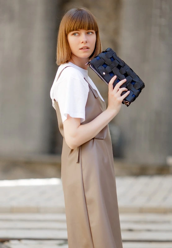 Шкіряна плетена жіноча сумка Пазл S синя Crazy Horse