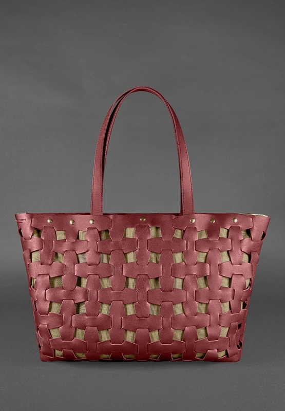 Шкіряна плетена жіноча сумка Пазл Xl бордова Krast