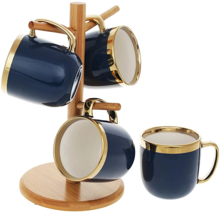 Чайний набір "Золота Лінія" 4 кружки 320мл на бамбуковій стійці, темно-синій