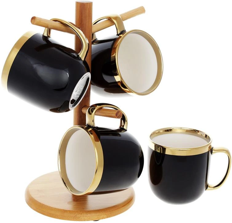 Чайний набір "Золота Лінія" 4 кружки 320мл на бамбуковій стійці, чорний