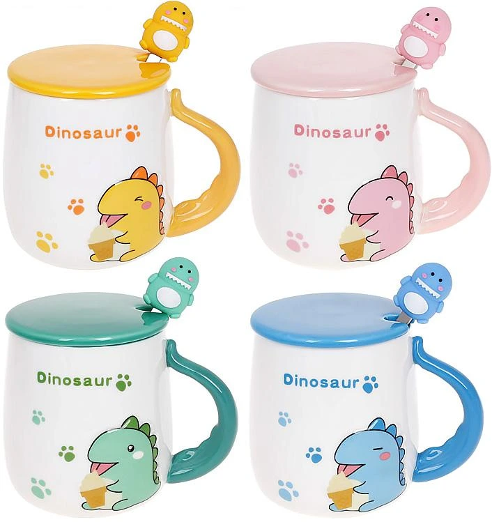 Кружка порцелянова "Dinosaur" 430мл з кришкою і ложкою, 4 дизайни