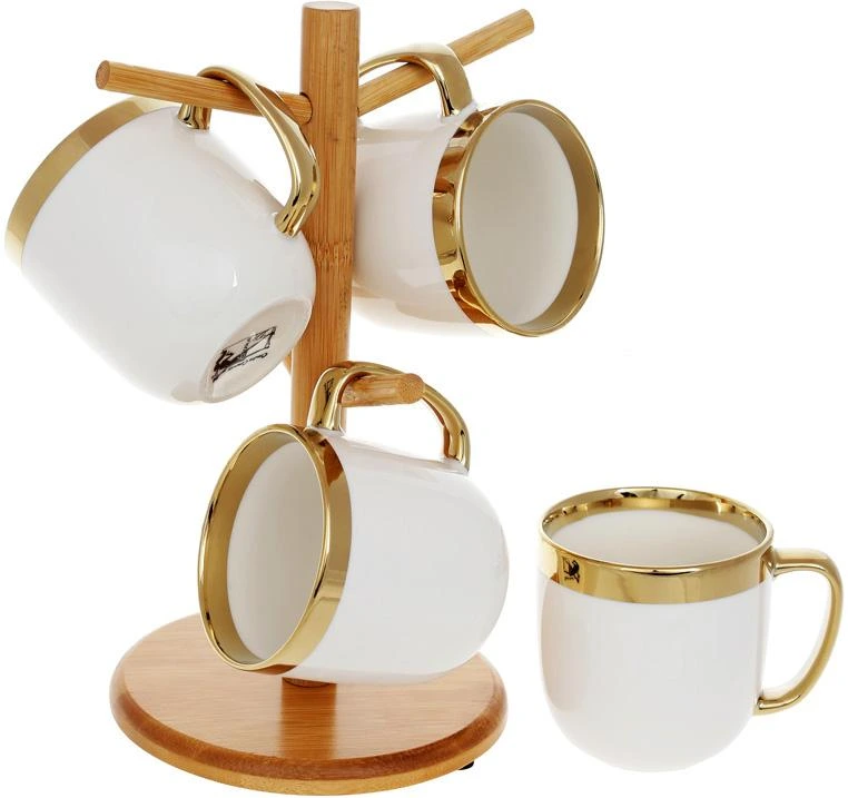 Чайний набір "Золота Лінія" 4 кружки 320мл на бамбуковій стійці, білий