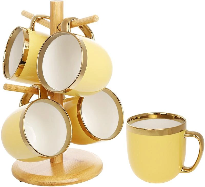 Чайний набір "Золота Лінія" 4 кружки 320мл на бамбуковій стійці, жовтий
