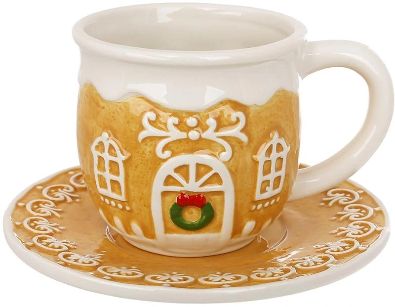 Чашка з блюдцем "Пряничний Будиночок" 400мл, різдвяна кераміка