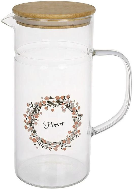 Глечик скляний "Flower" 1200мл з дерев'яною кришкою — BonaDi