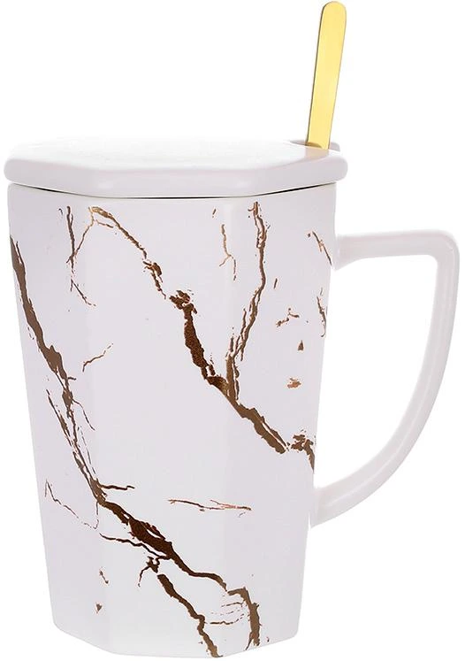 Кружка з кришкою та ложечкою "Мармурова Розкіш" 350мл, порцеляна біла з золотом
