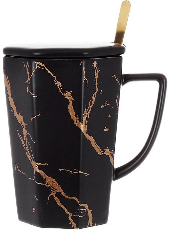 Кружка з кришкою та ложечкою "Мармурова Розкіш" 350мл, порцеляна чорна з золотом