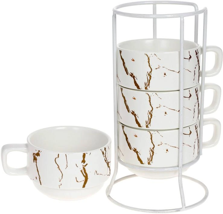 Набір 4 порцелянові чашки "Мармурова Розкіш" 200мл на підставці, білий із золотом