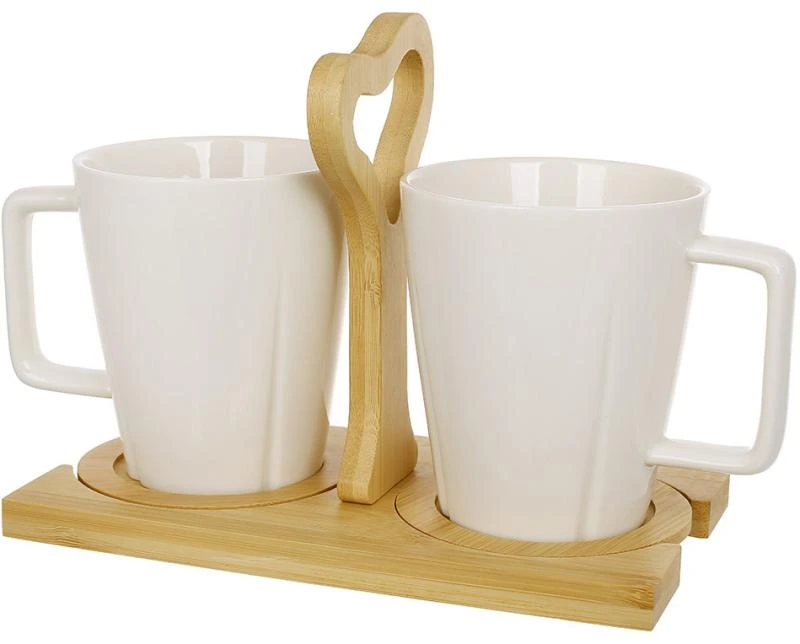 Набір кухлів Nouvelle Home 2 порцелянові кружки 300мл на дерев'яній підставці