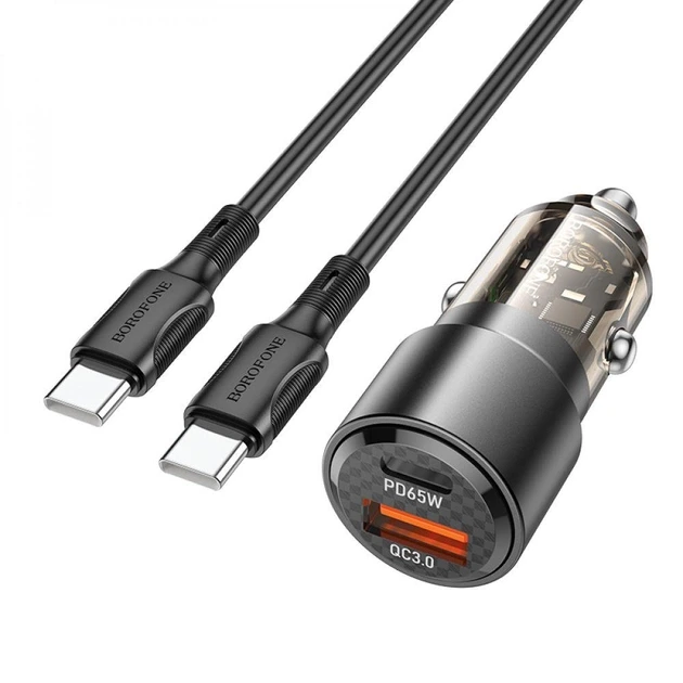 Автомобільний зарядний пристрій BOROFONE BZ20A Smart 83W dual port PD65W+QC3.0 car charger set(C to C) Transparent Black — Borofone