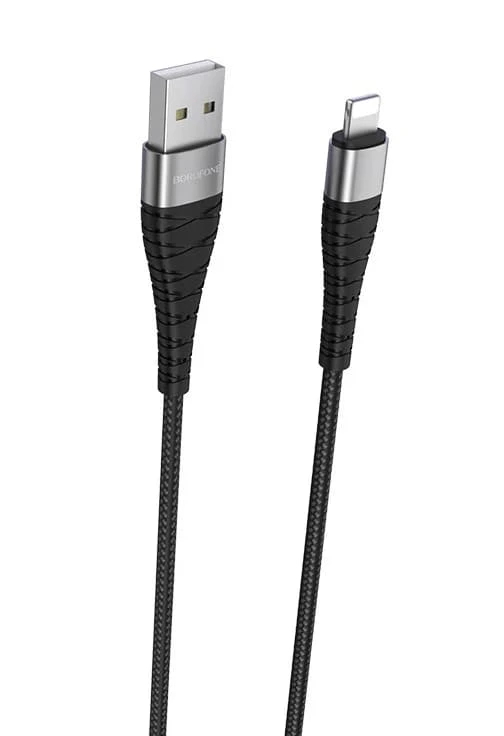 Кабель BOROFONE BX32 USB to iP 2.4A, 1m, nylon, aluminum+TPE connectors, Black — Borofone