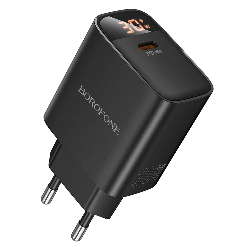 Мережевий зарядний пристрій BOROFONE BA97A Ilustre single-port PD30W charger with digital display (EU) Black — Borofone