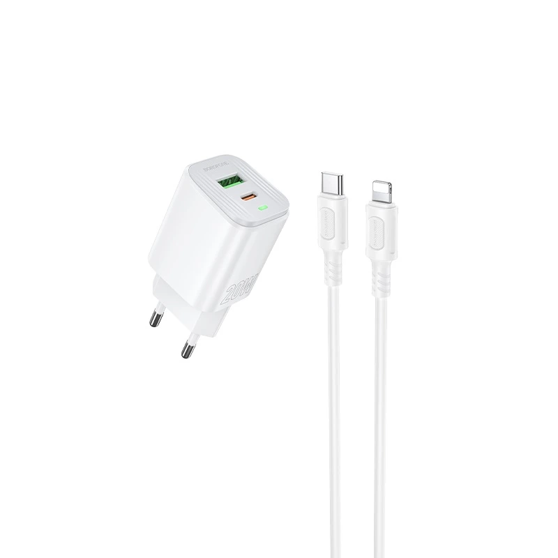 Мережевий зарядний пристрій з кабелем BOROFONE BAS83A Star PD20W+QC3.0 charger set (C to iP) (EU) White