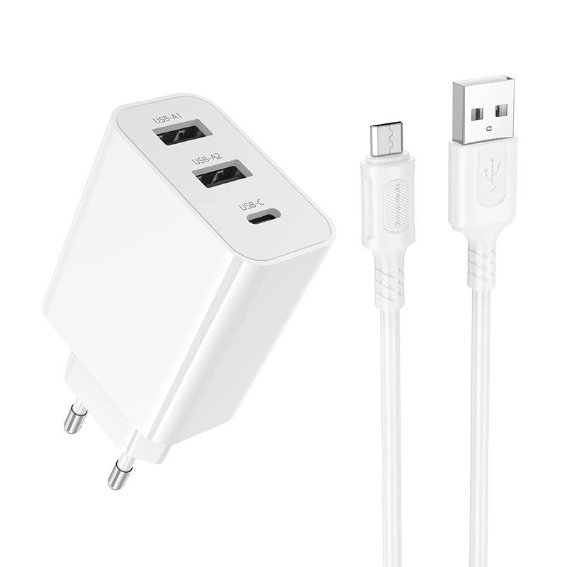 Мережевий зарядний пристрій з кабелем BOROFONE BA105A Stellar three-port charger set (Micro) (EU) White — Borofone