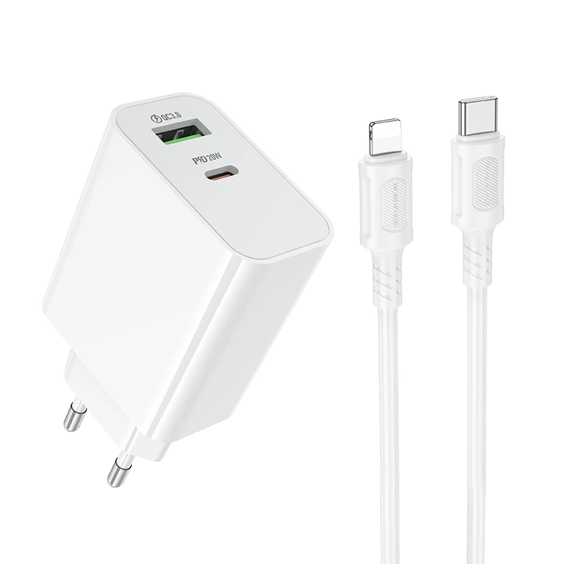 Мережевий зарядний пристрій з кабелем BOROFONE BA106A Stellar PD20W+QC3.0 charger set (C to iP) (EU) White — Borofone