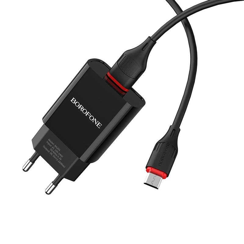 Мережевий зарядний пристрій з кабелем BOROFONE BA20A Sharp single port charger set(Micro) 10.5W Black — Borofone