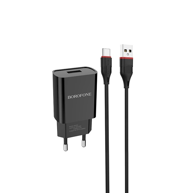 Мережевий зарядний пристрій з кабелем BOROFONE BA20A Sharp single port charger set(Type-C) 10.5W Black