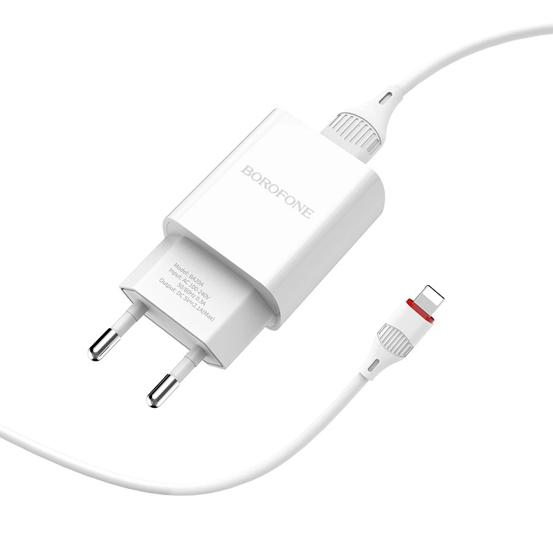 Мережевий зарядний пристрій з кабелем BOROFONE BA20A Sharp single port charger set(Lightning) 10.5W White