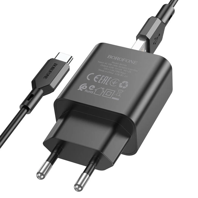 Мережевий зарядний пристрій з кабелем BOROFONE BA72A Spring single port QC3.0 charger set(Type-C) 18W Black