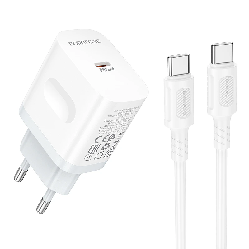 Мережевий зарядний пристрій з кабелем BOROFONE BA99A Breeze single port PD20W charger set(C to C) White