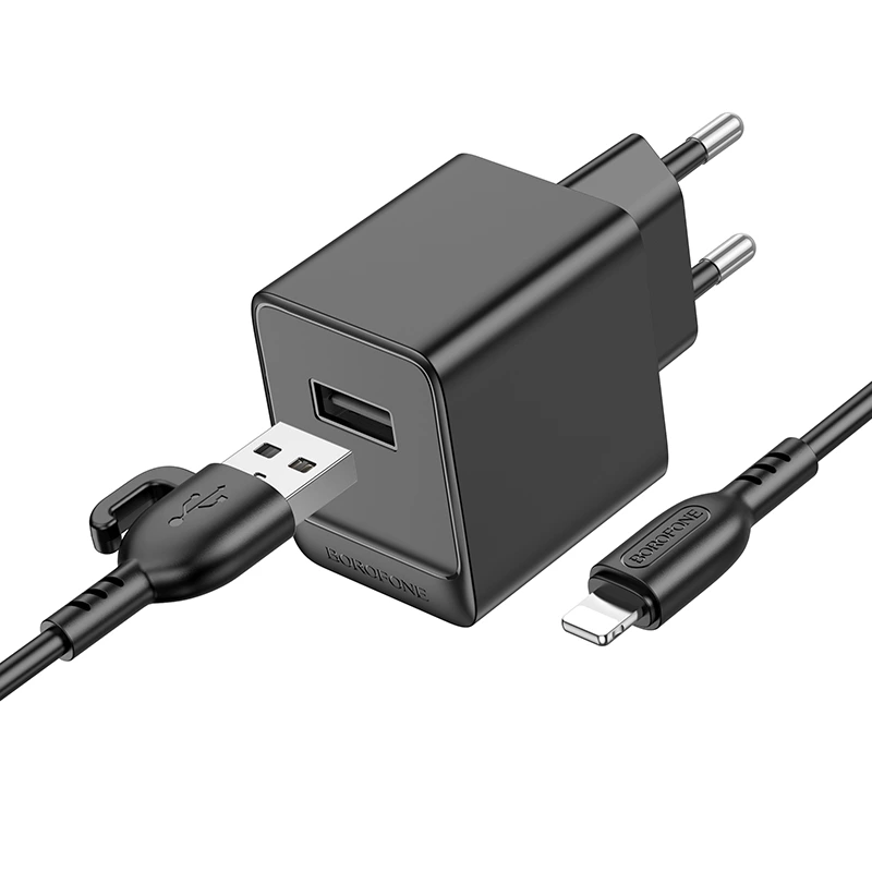 Мережевий зарядний пристрій з кабелем BOROFONE BAS11A Erudite single port charger set(iP) Black