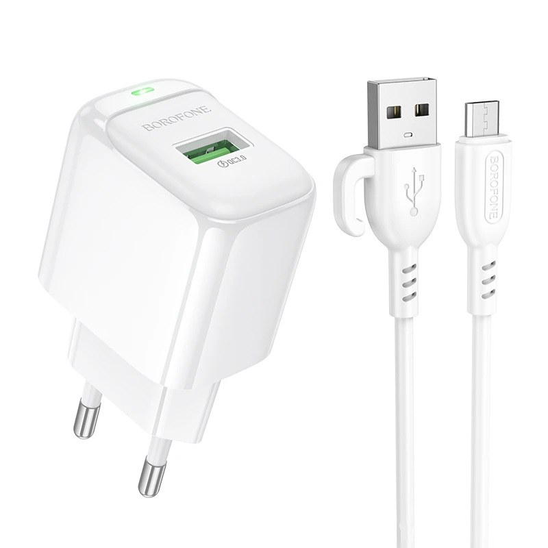 Мережевий зарядний пристрій з кабелем BOROFONE BAS42A Potential single-port QC3.0 charger set(Micro)(EU) White