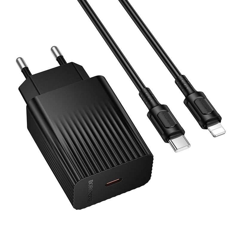 Мережевий зарядний пристрій з кабелем BOROFONE BAS73A Source single port PD20W charger set (C to iP) (EU) Black — Borofone
