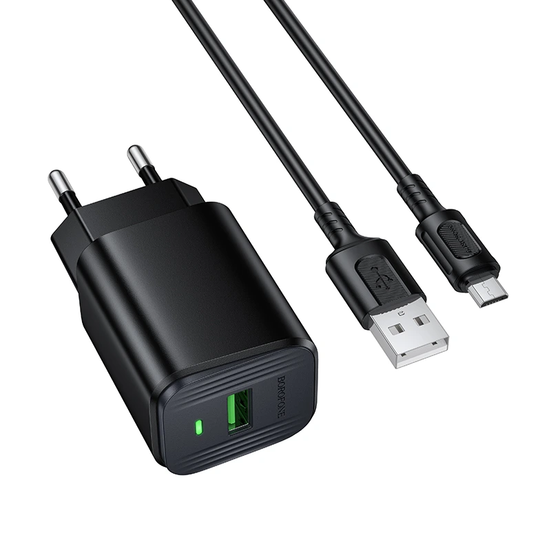 Мережевий зарядний пристрій з кабелем BOROFONE BAS82A Star single port QC3.0 charger set (Micro) (EU) Black — Borofone