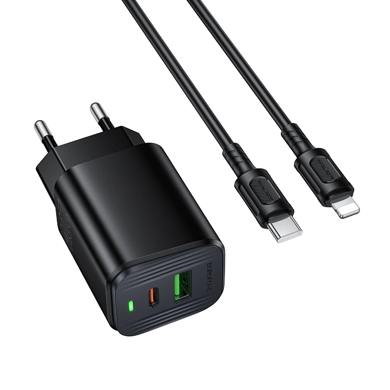 Мережевий зарядний пристрій з кабелем BOROFONE BAS83A Star PD20W+QC3.0 charger set (C to iP) (EU) Black — Borofone