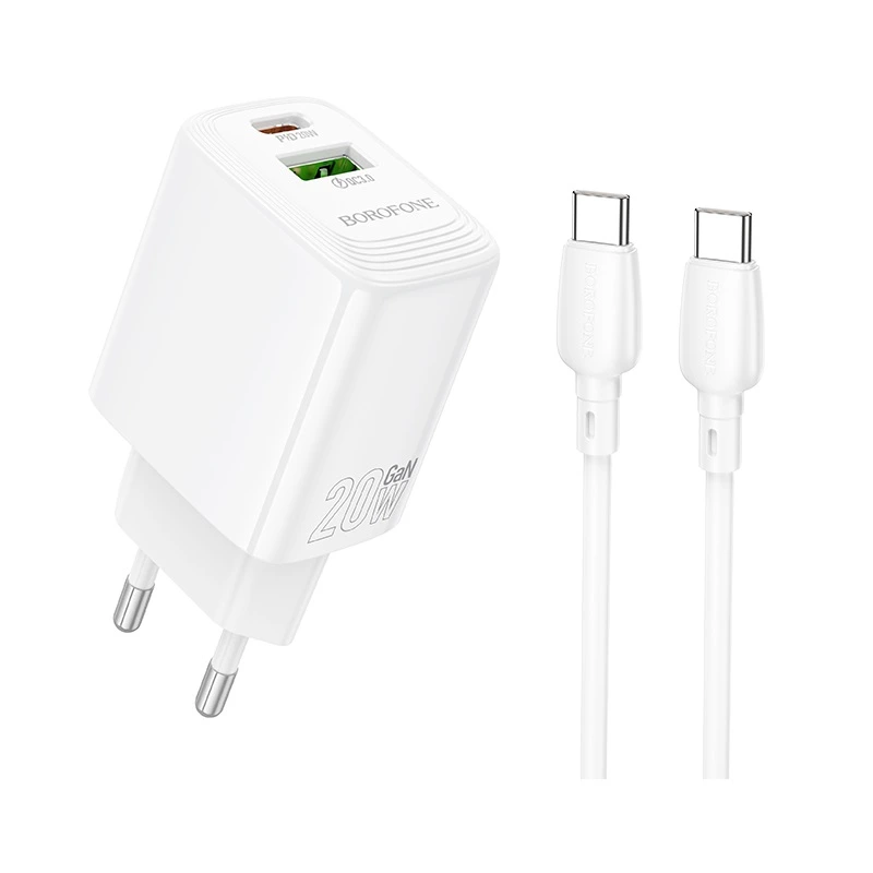 Мережевий зарядний пристрій з кабелем BOROFONE BN27 Fuente PD20W+QC3.0 charger set (C to C) (EU) White