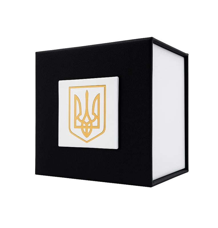 Подарункова картонна коробочка для годинника чорно-біла з тризубом золото — Nobrand
